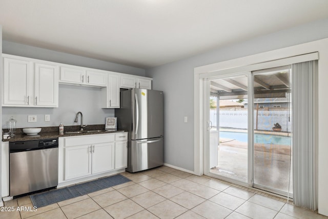 kitchen featuring a sink, dark stone countertops, white cabinetry, appliances with stainless steel finishes, and light tile patterned floors