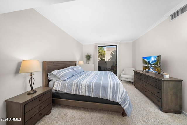 carpeted bedroom featuring vaulted ceiling, ornamental molding, and access to exterior