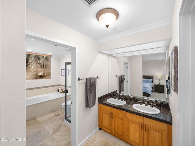 bathroom featuring tile floors, ornamental molding, a tub, and dual bowl vanity