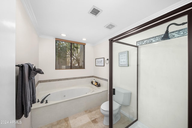 bathroom featuring a tub, toilet, tile floors, and crown molding