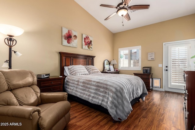 18650 N 91st Ave Unit 3301, Peoria, AZ 85382 - bedroom featuring dark wood-style flooring, access to outside, high vaulted ceiling, and a ceiling fan