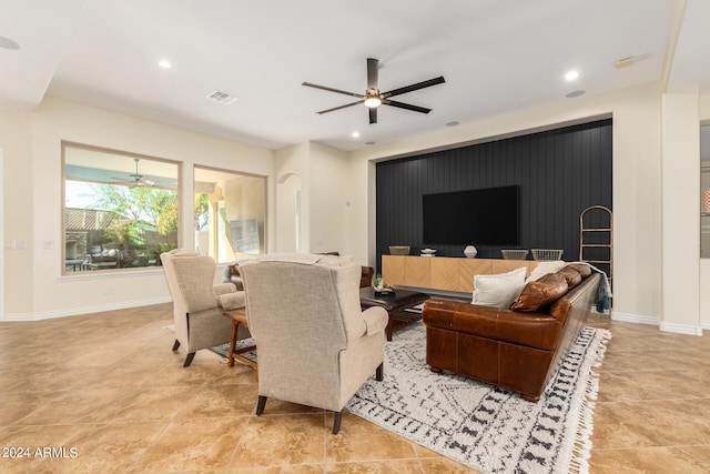 living room with ceiling fan