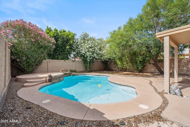 view of pool featuring a fenced backyard and a patio