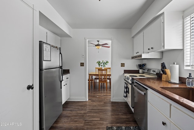 kitchen featuring white cabinetry, ceiling fan, stainless steel appliances, and dark hardwood / wood-style floors