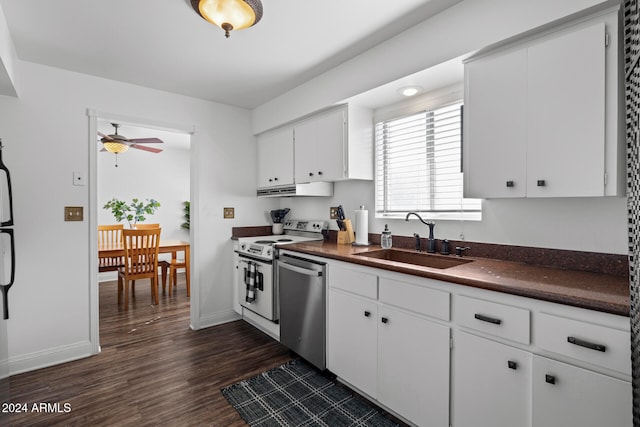 kitchen with sink, dark hardwood / wood-style flooring, white cabinetry, ceiling fan, and stainless steel appliances