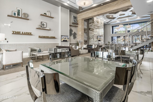 5250 E Deer Valley Dr Unit 140, Phoenix, AZ 85054 - dining space with recessed lighting, a towering ceiling, a wainscoted wall, marble finish floors, and coffered ceiling