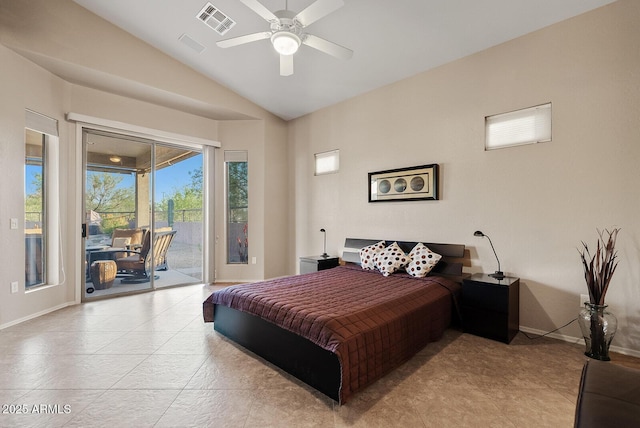 bedroom featuring vaulted ceiling, baseboards, access to exterior, and visible vents