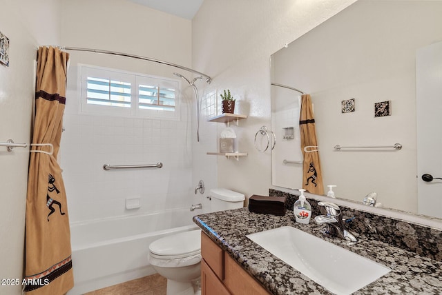bathroom with shower / bath combo with shower curtain, tile patterned flooring, toilet, and vanity