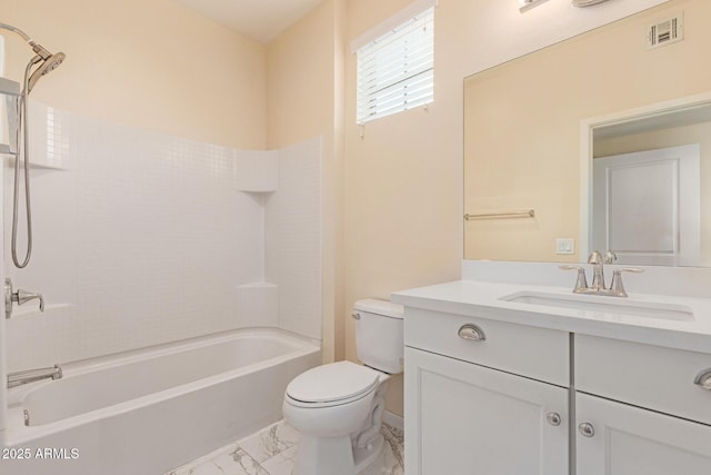 2315 N 52nd St Unit 144, Phoenix, AZ 85008 - bathroom featuring toilet, vanity, marble look tile flooring, and shower / tub combination