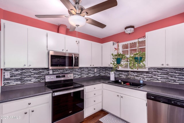 9603 N 1st Ave, Phoenix, AZ 85021 - kitchen with stainless steel appliances, a sink, dark countertops, and a ceiling fan