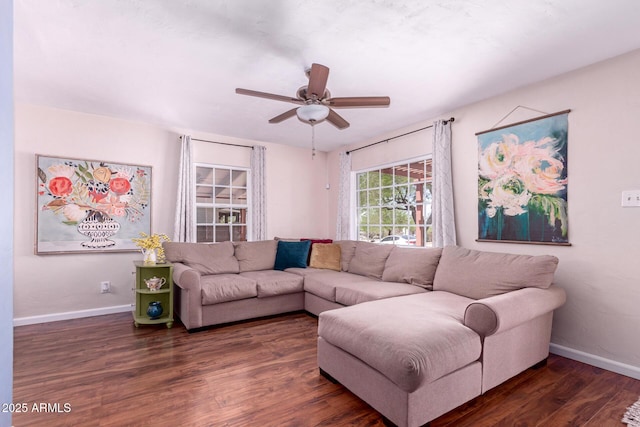 9603 N 1st Ave, Phoenix, AZ 85021 - living room featuring baseboards, wood finished floors, and a ceiling fan