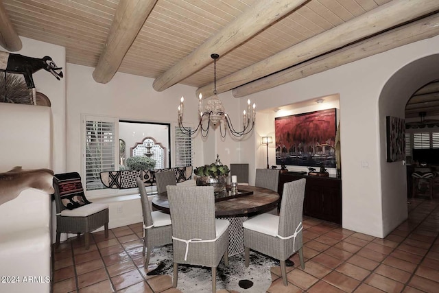 dining room with beamed ceiling, wood ceiling, an inviting chandelier, and tile patterned floors