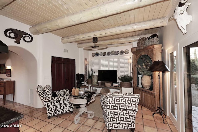 living room with ceiling fan, beam ceiling, light tile patterned flooring, and wood ceiling