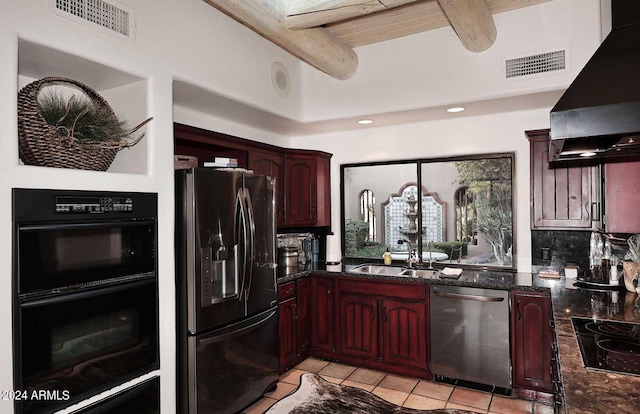 kitchen featuring black appliances, sink, beamed ceiling, decorative backsplash, and exhaust hood