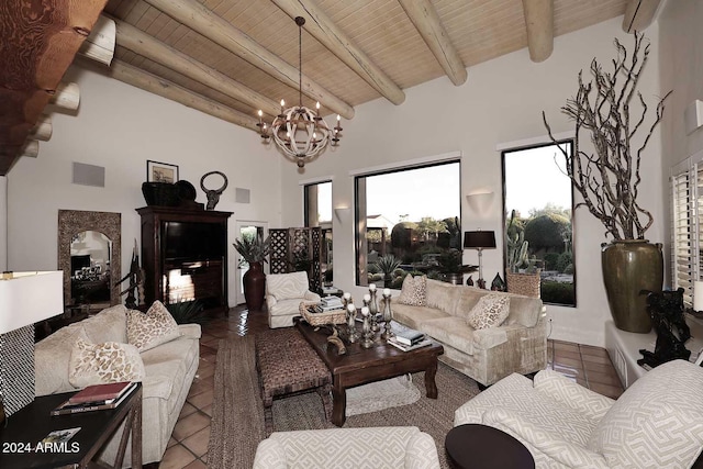 tiled living room featuring beam ceiling, high vaulted ceiling, and wooden ceiling