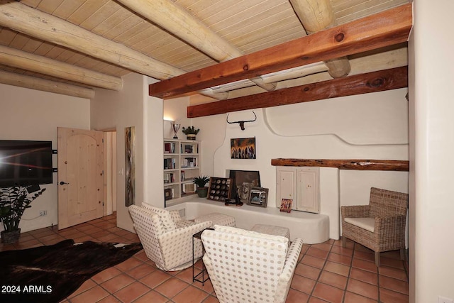 tiled living room featuring beam ceiling and wood ceiling