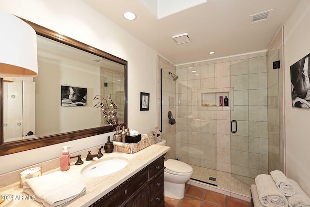 bathroom with walk in shower, radiator, toilet, vanity, and tile patterned floors