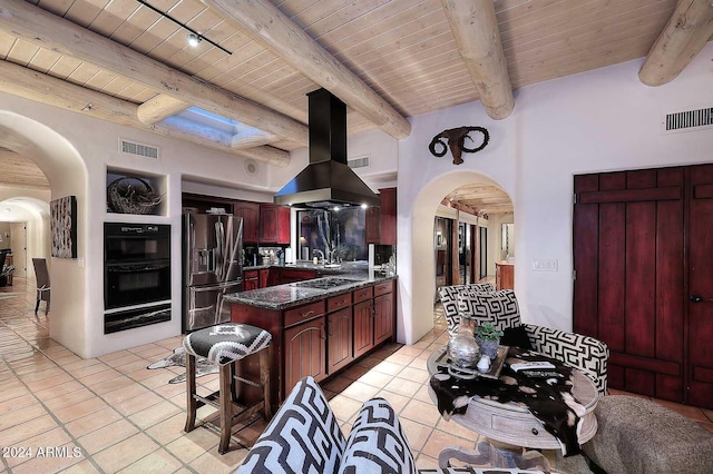 kitchen with beam ceiling, black appliances, island exhaust hood, and wooden ceiling