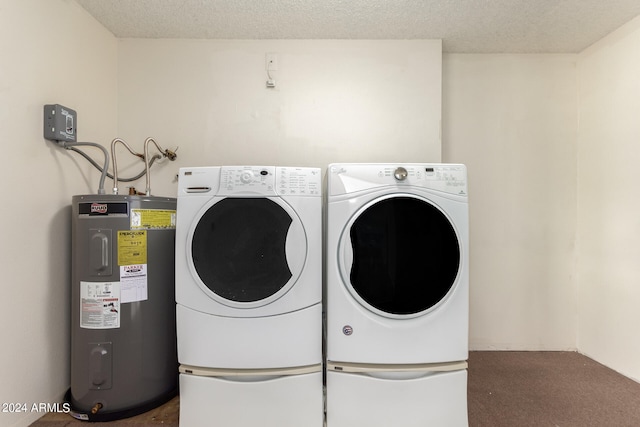 laundry room featuring washer and dryer, a textured ceiling, dark carpet, and water heater