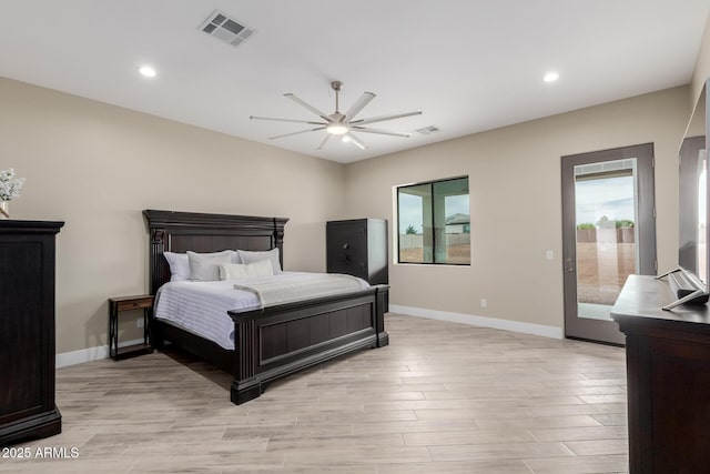 2516 W Joy Ranch Rd, Phoenix, AZ 85086 - bedroom featuring access to outside, light wood-style flooring, baseboards, recessed lighting, and a ceiling fan
