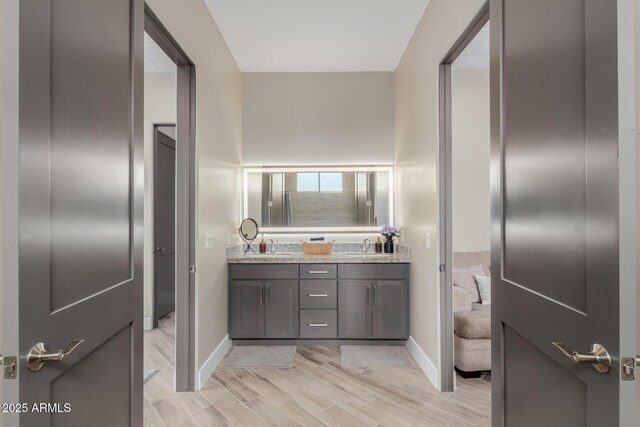 2516 W Joy Ranch Rd, Phoenix, AZ 85086 - bathroom featuring double vanity, baseboards, and wood tiled floors