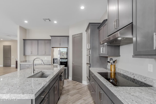 2516 W Joy Ranch Rd, Phoenix, AZ 85086 - kitchen with under cabinet range hood, a sink, stainless steel appliances, light stone countertops, and light wood-style floors