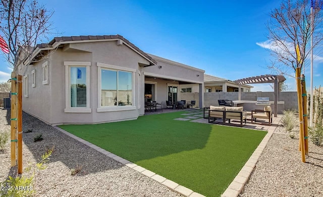 16336 W Jackson St, Goodyear, AZ 85338 - rear view of house with a pergola, stucco siding, a fenced backyard, an outdoor living space, and a patio