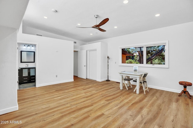 dining room with ceiling fan, light wood finished floors, recessed lighting, and baseboards