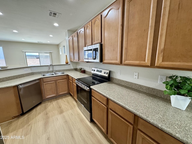 kitchen featuring a sink, stainless steel appliances, light wood-style floors, brown cabinetry, and visible vents