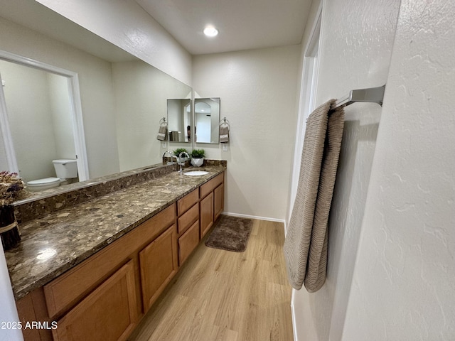 bathroom with toilet, vanity, and wood finished floors