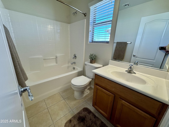 full bathroom featuring visible vents, toilet, shower / bathing tub combination, vanity, and tile patterned flooring