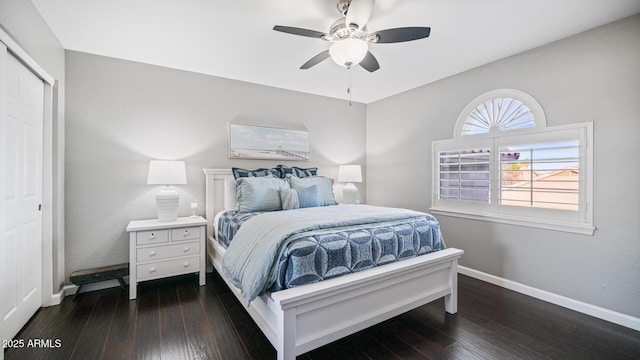 bedroom featuring ceiling fan, dark hardwood / wood-style flooring, and a closet