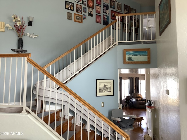 stairs featuring a high ceiling and wood finished floors