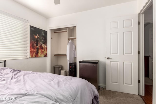 bedroom featuring a ceiling fan, carpet, and a closet