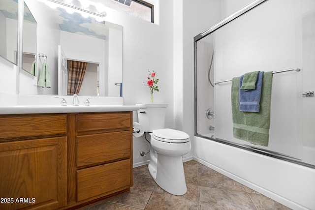 bathroom featuring tile patterned flooring, visible vents, toilet, enclosed tub / shower combo, and vanity