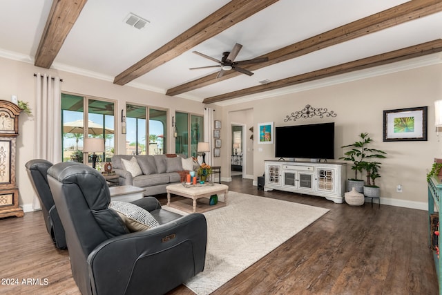 living room featuring dark wood-type flooring, ceiling fan, and beam ceiling