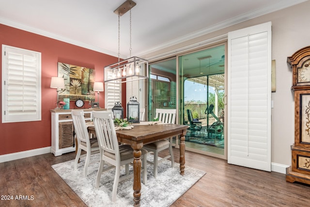 dining room with crown molding and dark hardwood / wood-style floors