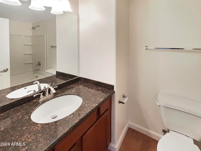 full bathroom with oversized vanity, toilet, and tub / shower combination