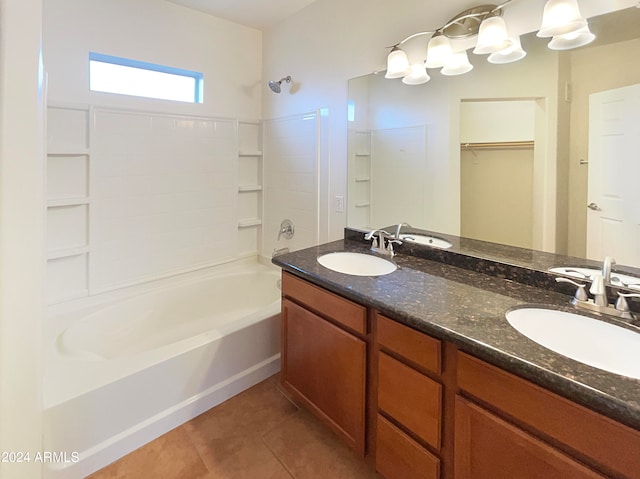 bathroom featuring shower / tub combination, tile floors, and double sink vanity