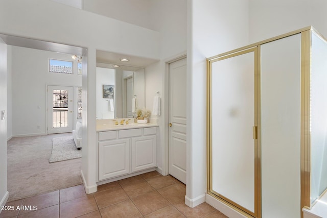13680 E Paradise Dr, Scottsdale, AZ 85259 - ensuite bathroom with a shower stall, tile patterned flooring, vanity, and a high ceiling