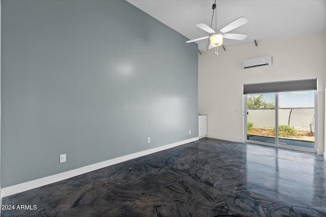 empty room with an AC wall unit, ceiling fan, and high vaulted ceiling