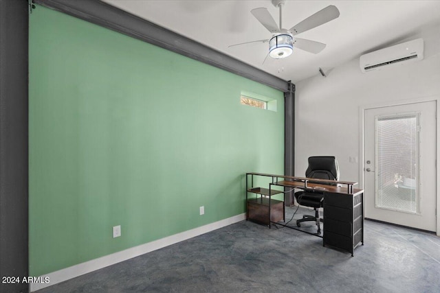 home office with ceiling fan and a wall mounted air conditioner