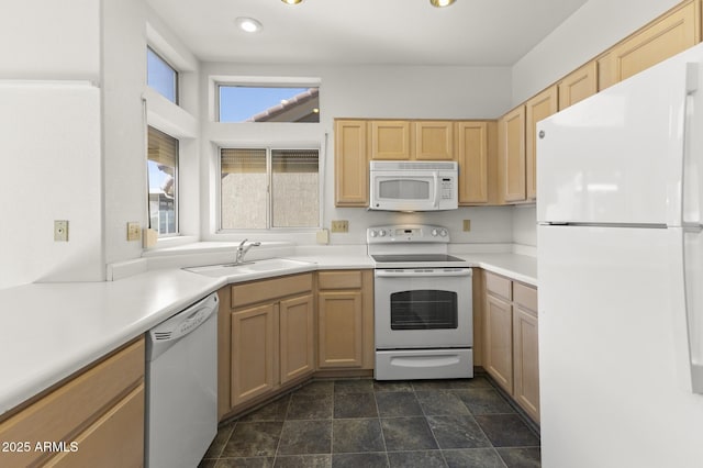 kitchen featuring white appliances, light brown cabinetry, and sink