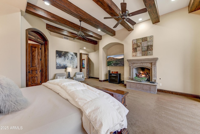 bedroom featuring a premium fireplace, recessed lighting, visible vents, and baseboards