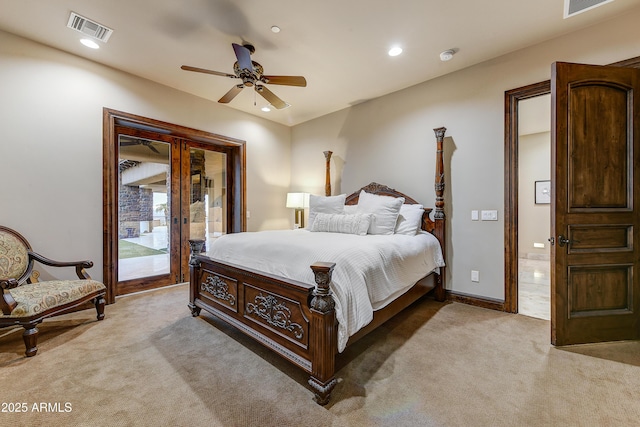 bedroom featuring access to outside, visible vents, french doors, and light colored carpet