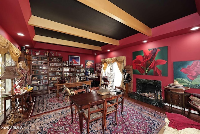 4317 N 70th St, Scottsdale, AZ 85251 - office area featuring a fireplace, beam ceiling, wood finished floors, and recessed lighting