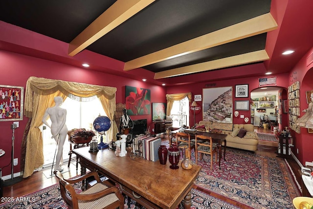 4317 N 70th St, Scottsdale, AZ 85251 - home office with beamed ceiling, wood finished floors, baseboards, and arched walkways