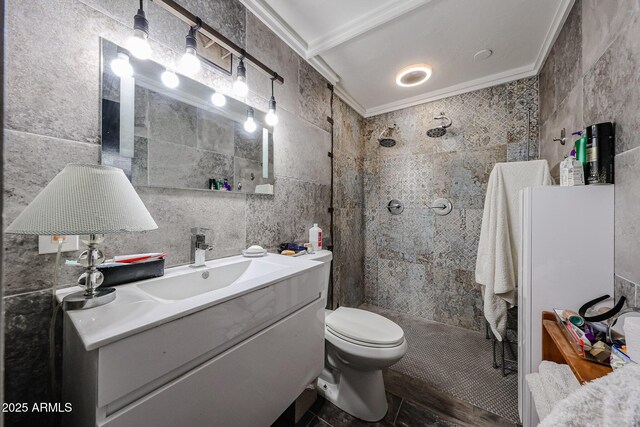 full bathroom with tile walls, ornamental molding, and walk in shower