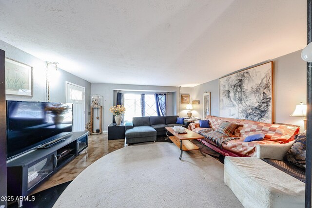living area with a textured ceiling