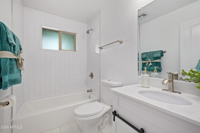 full bathroom with toilet, tile floors, tiled shower / bath combo, and oversized vanity